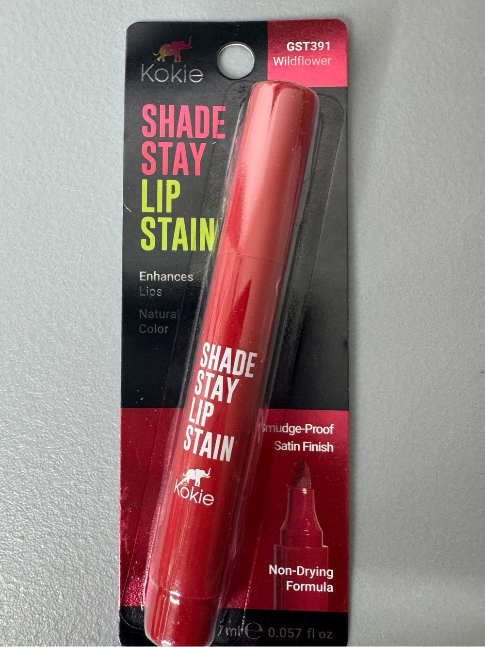 Kokie Shade Stay Lip Stain - Wildflower Red satin finish enhances lips
